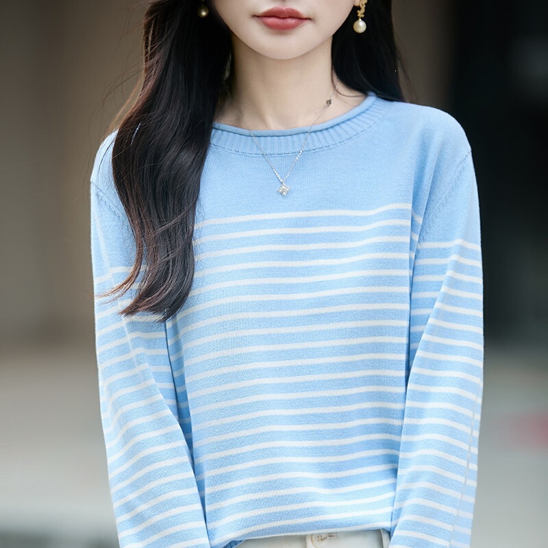 Stylish striped, versatile, pure cotton knit top, 2026 autumn/winter new collection, loose-fitting sweater, perfect as an inner layer or base layer for women Stylish striped, versatile, pure cotton knit top, 2026 autumn/winter new collection, loose-fitting sweater, perfect as an inner layer or base layer for women