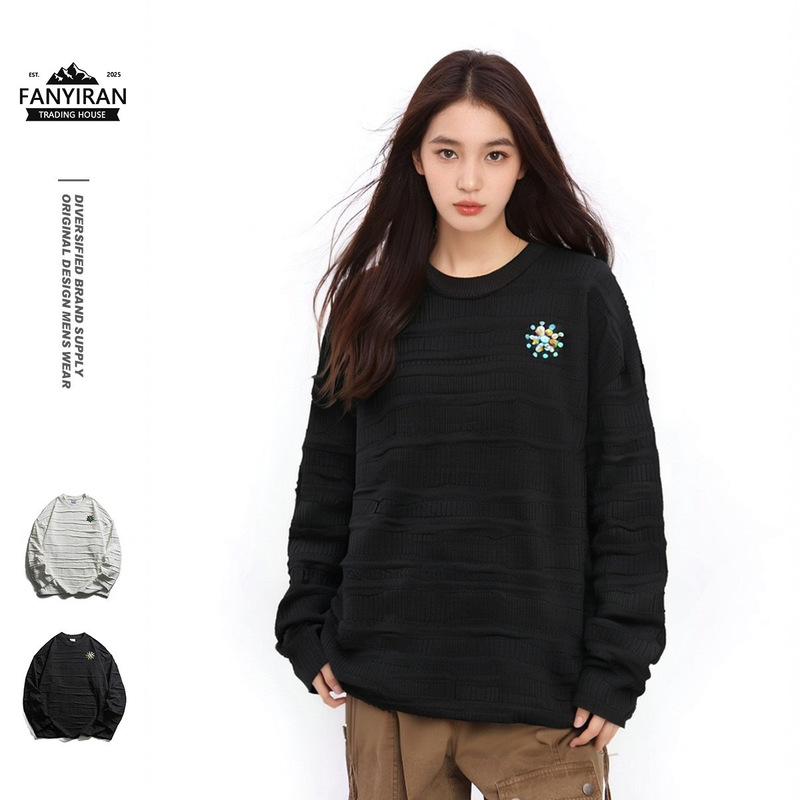 Planetmusic Spring and Autumn Retro Turquoise Badge Pullover Striped Sweatshirt Trendy Top for Men and Women 0397