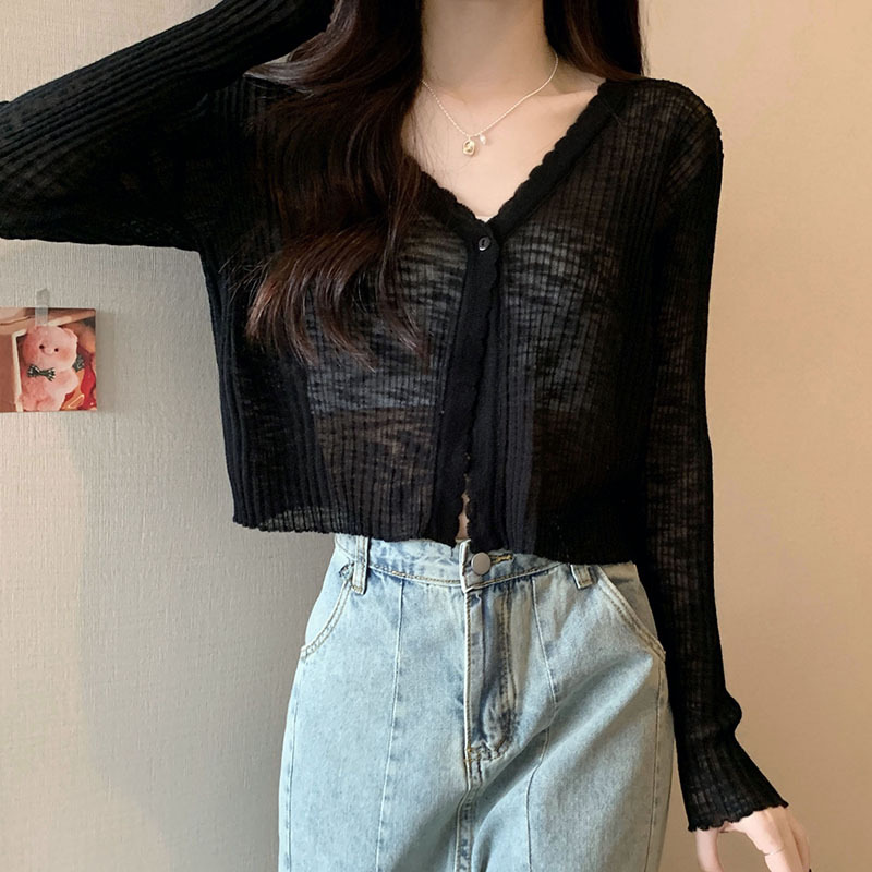 Áo len dệt kim cổ chữ V dài tay mỏng nhẹ chống nắng mùa hè — đen