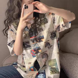 设计感小众翻领短袖满印花衬衫女港味古着风宽松百搭外穿开衫上衣