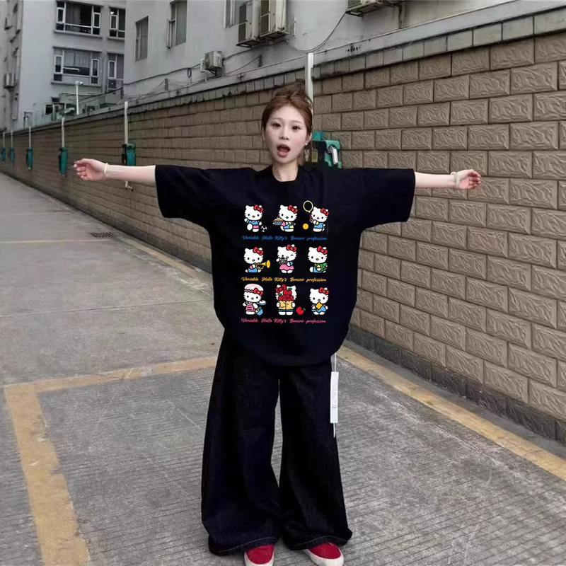 Pure Cotton Black Cartoon Kitty Cat Short-Sleeved T-Shirt for Women Summer New Style Loose Large Size Cute Half-Sleeved Top for Fat Girls Pure Cotton Black Cartoon Kitty Cat Short-Sleeved T-Shirt for Women Summer New Style Loose Large Size Cute Half-Sleeved Top for Fat Girls