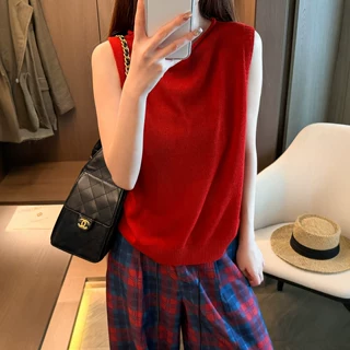 韩系卷边圆领天丝亚麻针织背心女装夏季新款气质百搭外穿T恤上衣