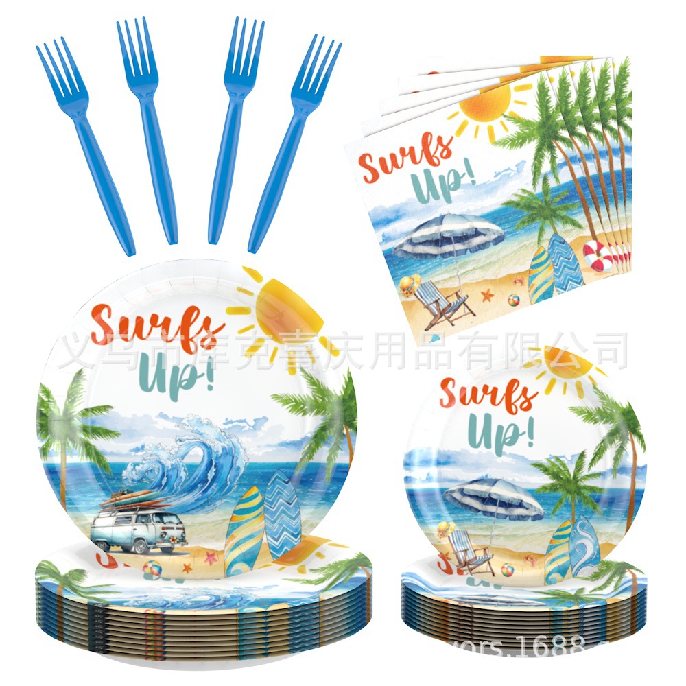 Verano surf de playa tema de fiesta cubiertos de verano bandeja de papel desechable taza de papel conjunto de decoración de toallas