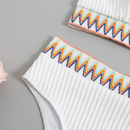  New Split Shoulder Strap Chevron Tape Bikini Swimsuit