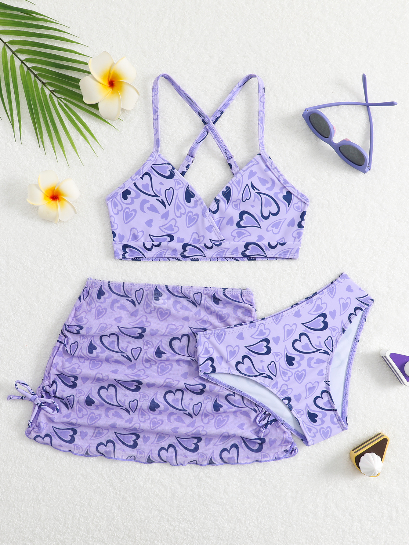 Mädchen Badeanzug Set Mit Herz-muster Im Dreiteiligen Design_voghion.com