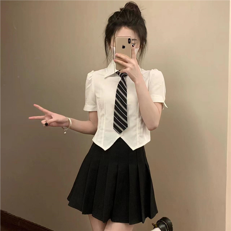 Jk Uniform Suit Summer Preppy Style Waist-Cinching White Shirt Women's Short-Sleeved Design Niche Slimming Look Top