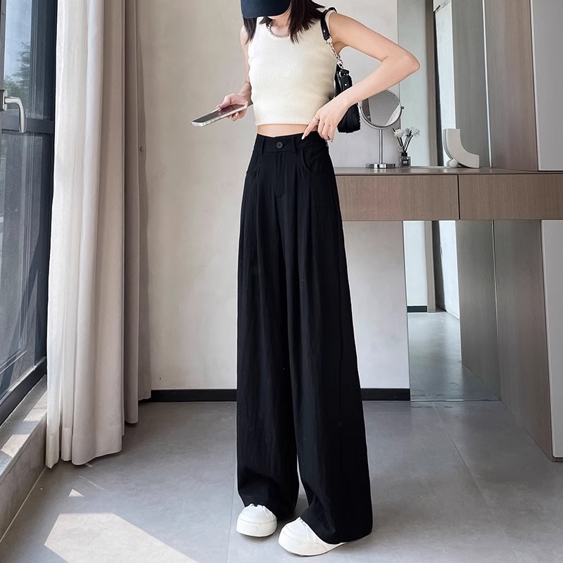 Pantalones de piernas anchas de seda de hielo para mujeres verano delgado cintura alta delgada pantalones fríos de protección solar pantalones de alta sensación de pluma