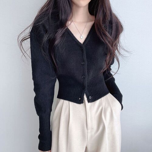Short collar knitted cardigan coat women's sweater early autumn new sweater long-sleeved niche waist top autumn