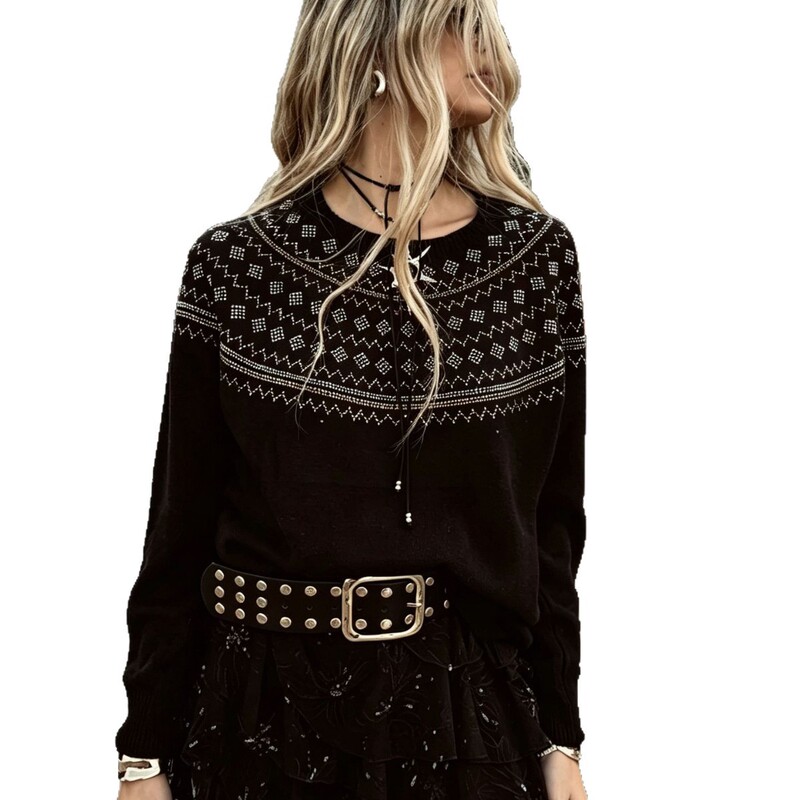 New vintage rhinestone Fair Isle jacquard sweater for women, autumn and winter American western hippie loose knit pullover top