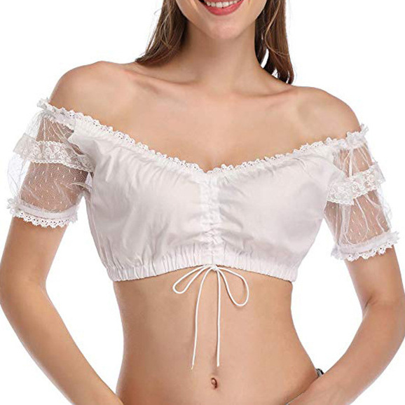 啤酒节服装女士衬衫叮咚服小白衫抹一字肩两用小衬衫短袖衫