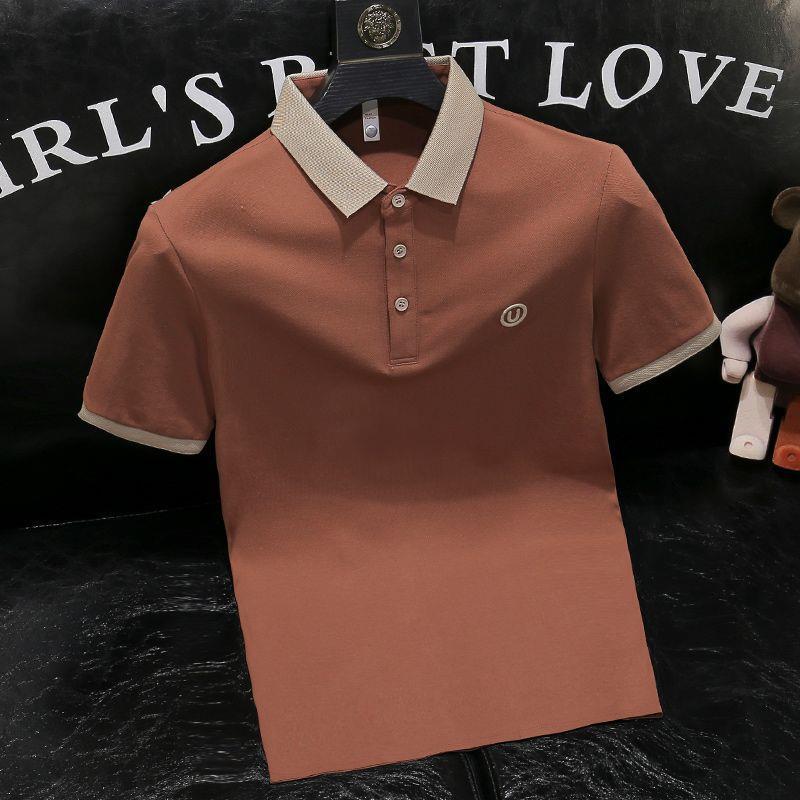 Men's Short-Sleeve Embroidered Polo Shirt Casual Summer Turn-Down Collar T-Shirt Trendy Versatile In-Stock Henley Collar Striped