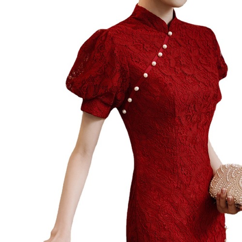 Red lace Cheongsam toast dress the bride the new winter Chinese Dresses Retro Qipao female Chinese style wedding engagement