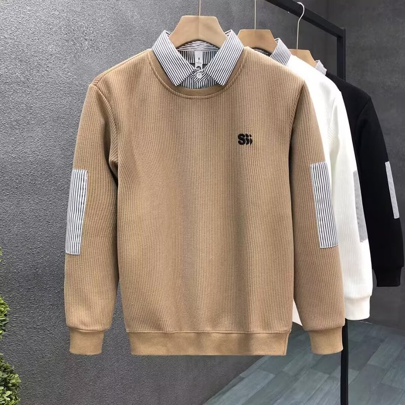 High-End Shirt Collar Long-Sleeved Bottoming Shirt Fake Two-Piece Sweatshirt Men's Trendy Brand Spring & Fall Tops 2025 Spring New Men's