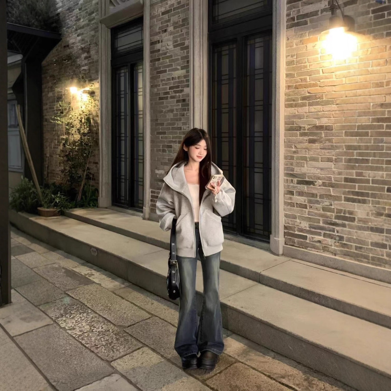 美式复古高领开衫刺绣卫衣女春秋连帽上衣设计感小众宽松情侣外套|undefined