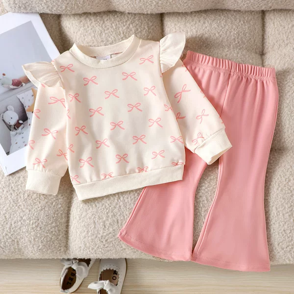 Baoxin Cross-Border European and American Spring and Autumn New Light-Colored Cute Girls' Clothing Bowknot Print Top and Flared Pants Hot Sale