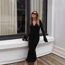 欧美新款跨境现货亚马逊独立站长袖连衣裙女针织外贸深V毛衣长裙