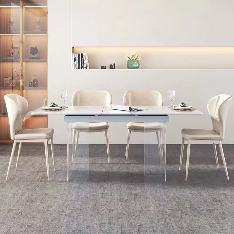 Mesa de comedor de suspensión acrílica de estilo crema para casa pequeña mesa de comedor de tipo hogar tabla de roca retráctil mesa de comedor combinación de silla
