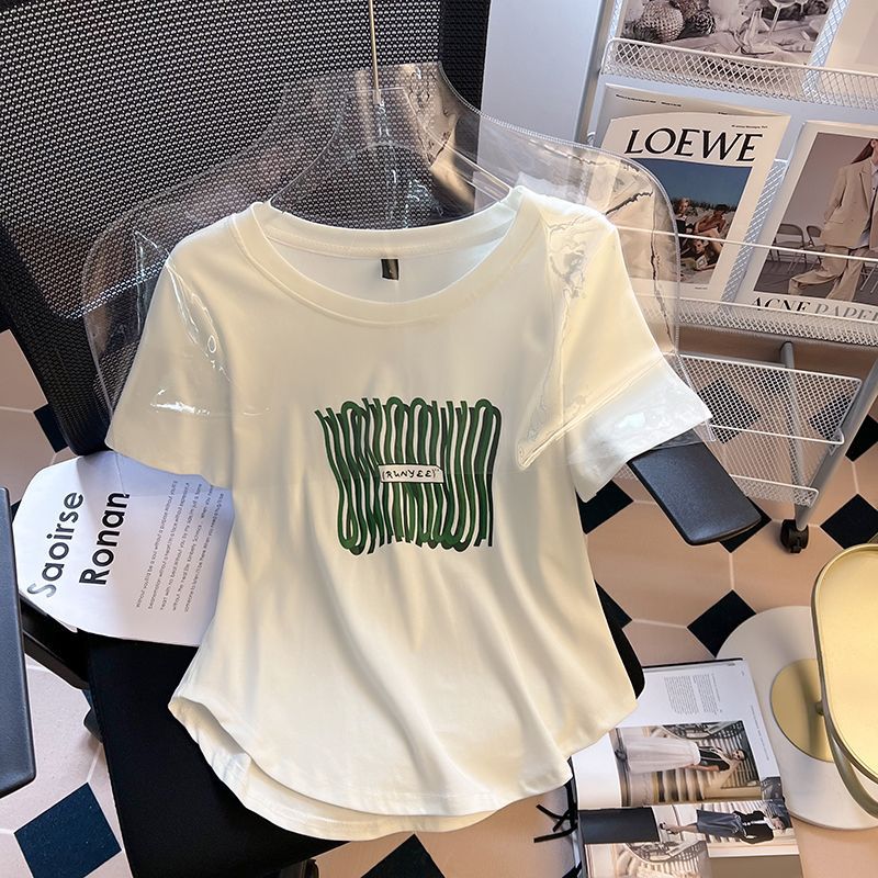 2-300 kg de gran tamaño estilo caliente de verano diseño de moda suelto y delgado camiseta casual de manga corta de hombro de mujer de moda