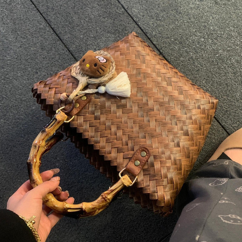 Bag Lady 2024 New Wicker Top Handle Bag Bamboo Node Grass Weaving Handmade Bamboo Tote Bag Retro Beach Bag