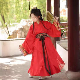高端红色战国袍女童汉服直裾传统交领复原款古装儿童中国风大袖衫