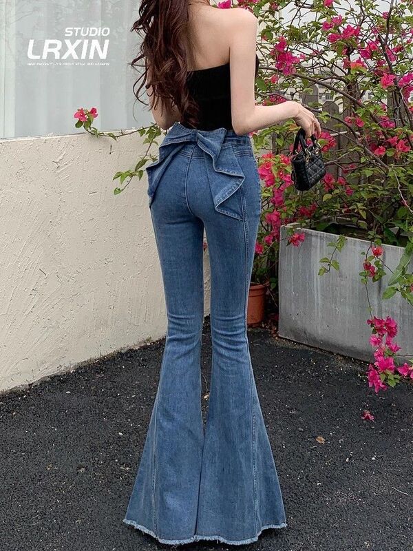 American Retro Three-Dimensional Bow Flared Jeans for Women, Summer Thin 2025 New High-Waisted Slimming Butt-Lifting Bell-Bottom Pants