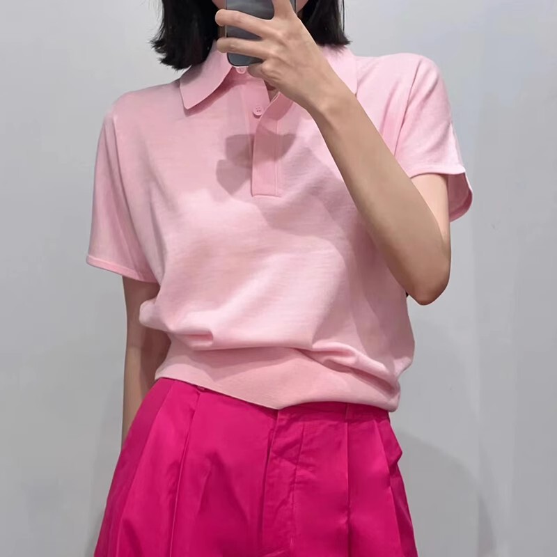 CS Women's 2024 Summer New T-Shirt Wool Knitted Polo Shirt Women Light Pink 1096780002