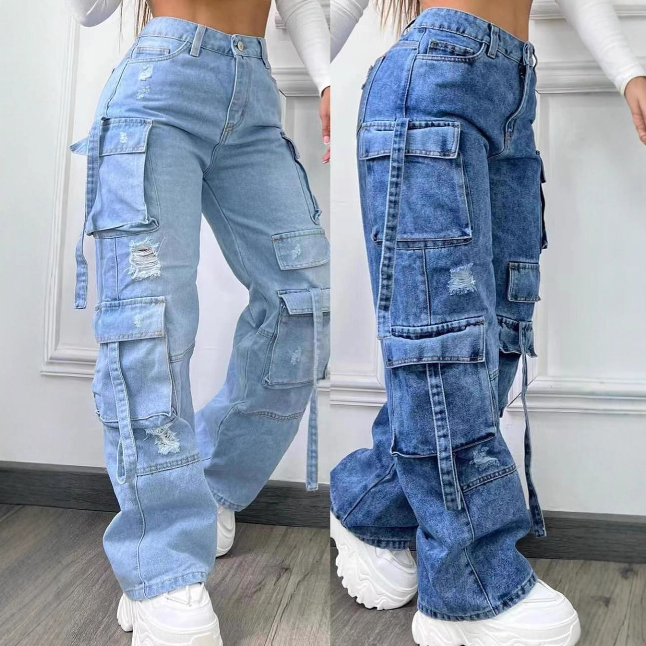Women's High-Waisted Washed Retro Jeans Multi-Pocket Casual Cargo Pants For Foreign Trade Cross-Border Europe And America_ecoleips.com