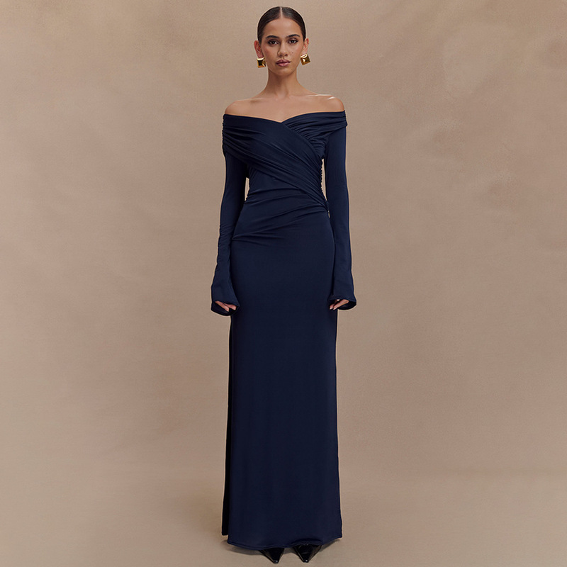 Summer New Solid Color Off-Shoulder Long-Sleeved Slim Waist Floor-Length Dress Party Clothing European and American Cross-Border