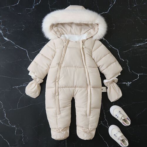 Cross-border exclusive faux fur hooded winter baby suit with integrated mittens, 2024 new climbing suit for babies