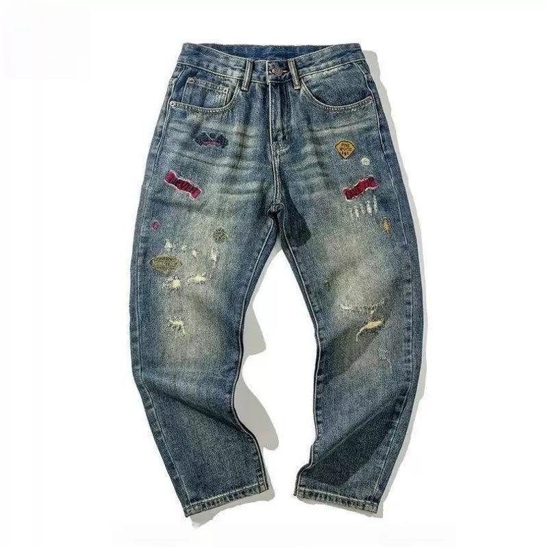 Same Style Patch Embroidery Badge Trendy Vintage Style Men's Straight Loose Jeans with a Cool and Stylish Look Same Style Patch Embroidery Badge Trendy Vintage Style Men's Straight Loose Jeans with a Cool and Stylish Look