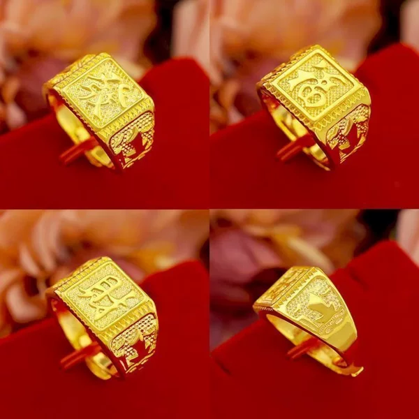 High-Quality Imitation Gold Ring, Adjustable Size, Men's Style, Gold-Plated Ring with the Character'福', Bold Gold-Colored Ring, Good Luck and Wealth Ring, Wholesale