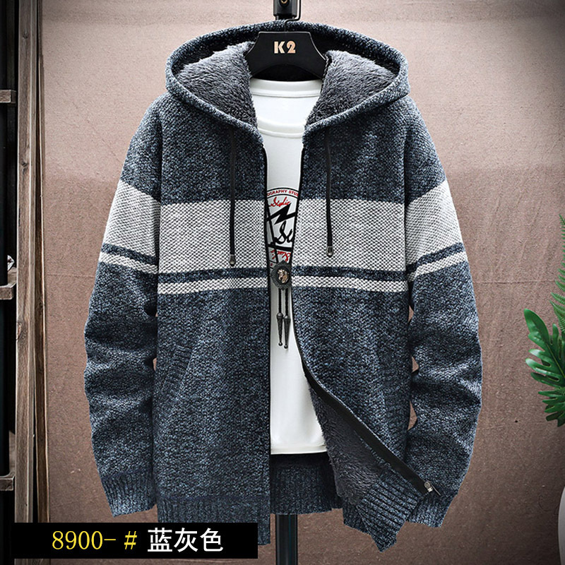 Suéter con Capucha para Hombre, Estilo Casual, Holgado, Forrado de Felpa, Grueso, de Manga Larga, Cárdigan de Punto, Otoño-Invierno