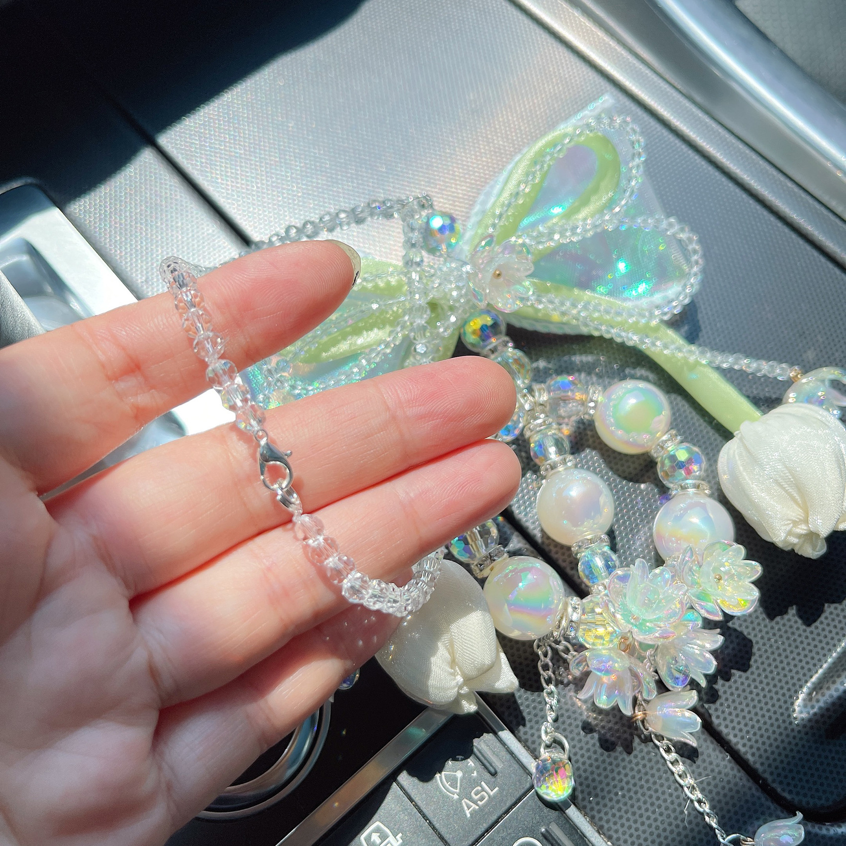 Tulip Bow Car Pendant Crystal Car Rearview Mirror Lily of the Valley Flower Pendant Fairy Car Decoration
