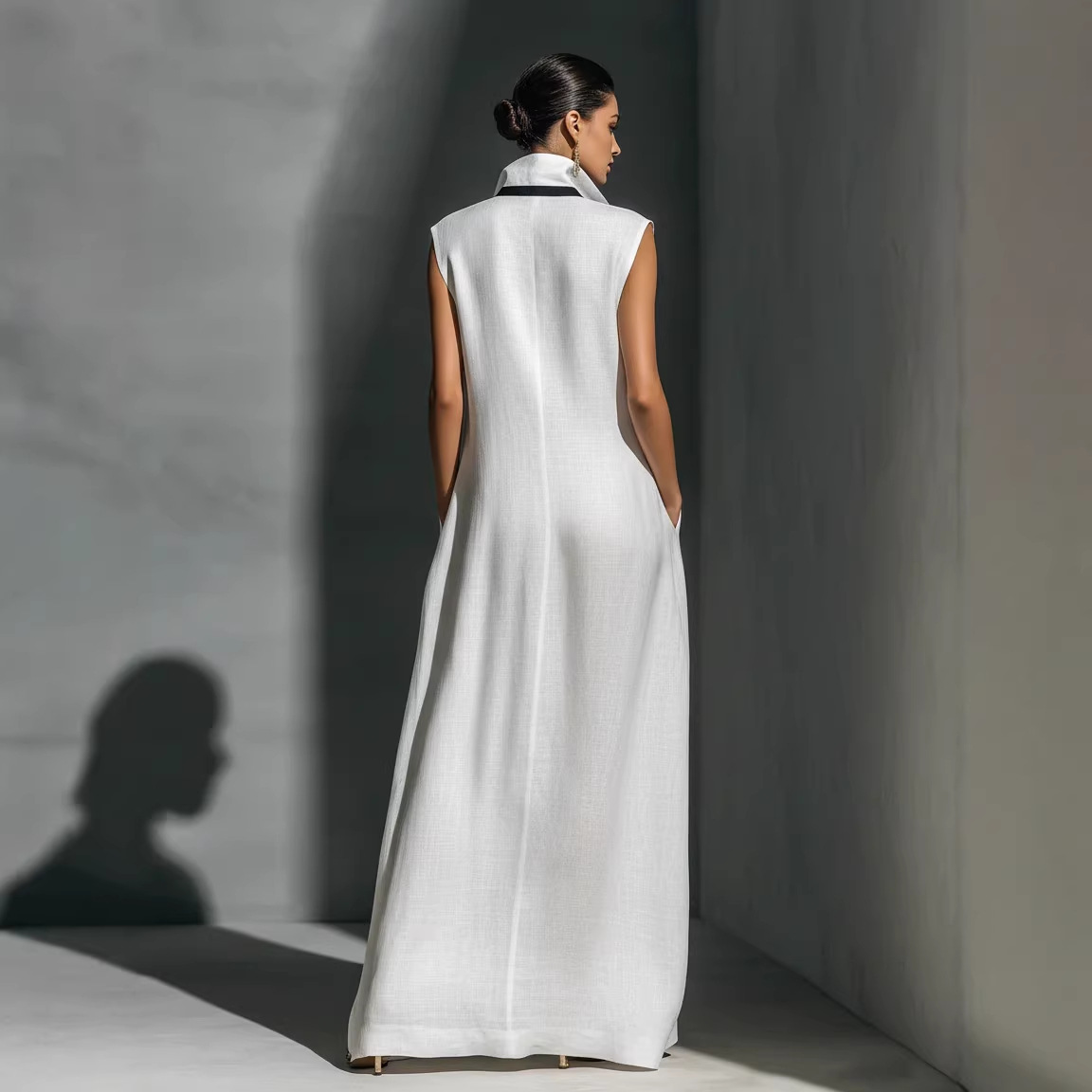 Elegant V-Neck Color-Block Casual Midi Dress For Women, Breathable Stretch A-Line Sundress For Daily Wear, Travel, And Office_ecoleips.com