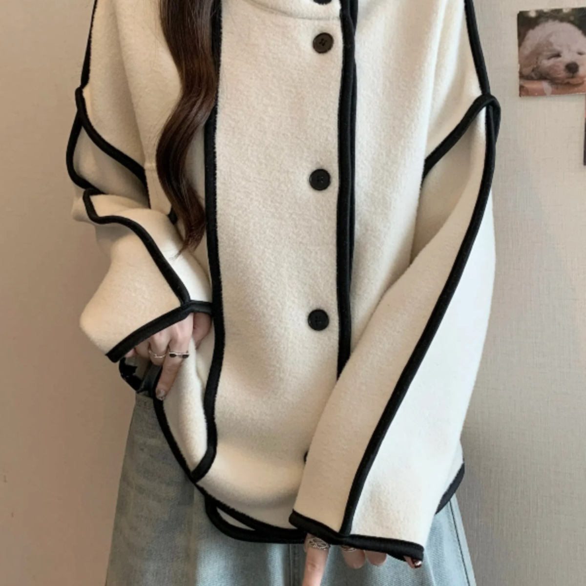 Chanel-Style Stand Collar Woolen Coat for Women, New Spring and Autumn Large Size, Plus-Size, High-End European Fashion Top, Streetwear Biker Jacket