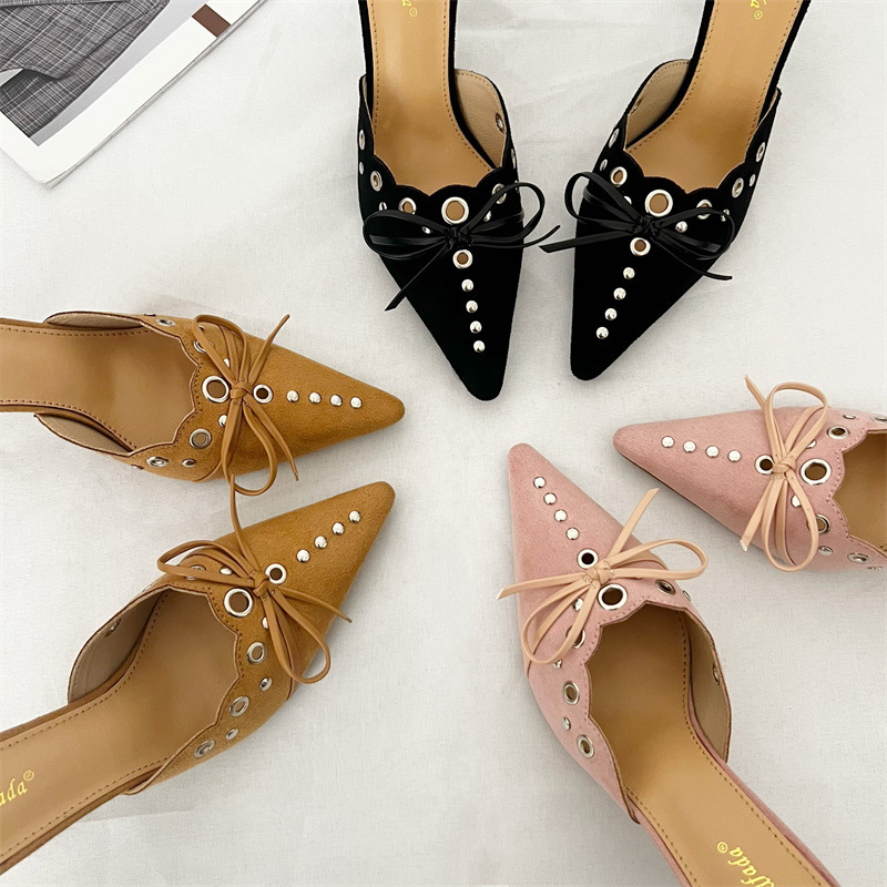New pointed bow lace hollow suede high heel closed toe slippers