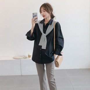 Autumn New Maternity Dress Korean Style Fashionable Loose Belly Covering Mid-length Professional Shirt Striped Shawl Shirt 6164