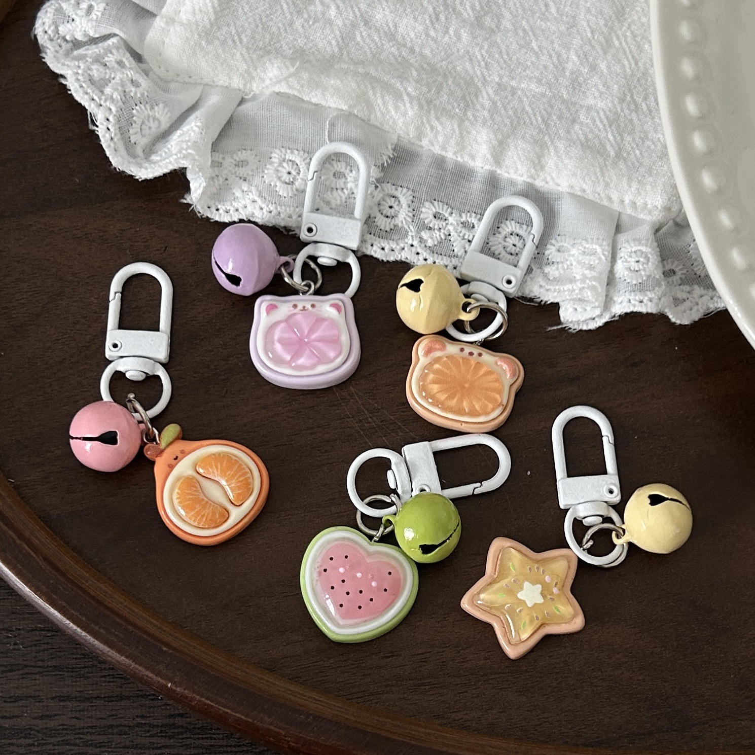 Jelly fruit keychain with bells, cute orange, watermelon, and carambola pendants, fun bag accessories, gifts