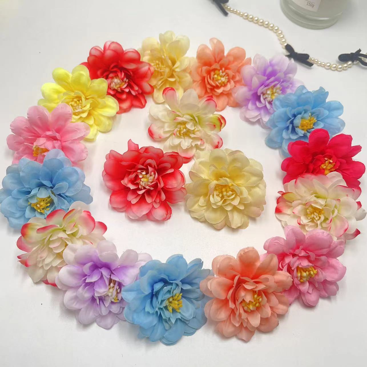 仿真绢布6.5cm黄心牡丹DIY花环仿真富贵菊格格帽子傣族汉服头饰花