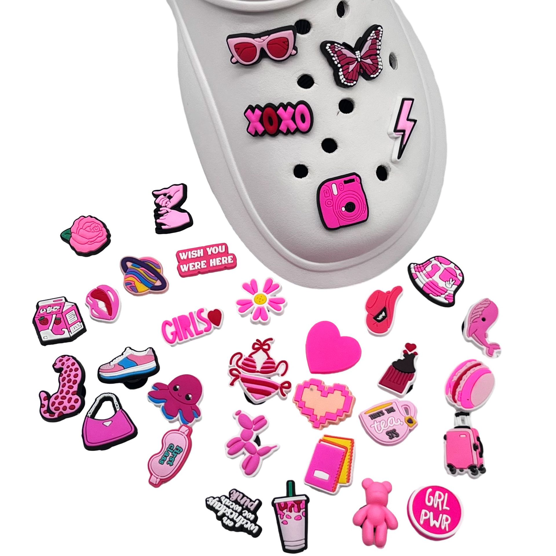 Nuevos dijes rosas para zuecos, clips desmontables para zapatos Crocs para niños y niñas, accesorios DIY para zapatos de jardín.