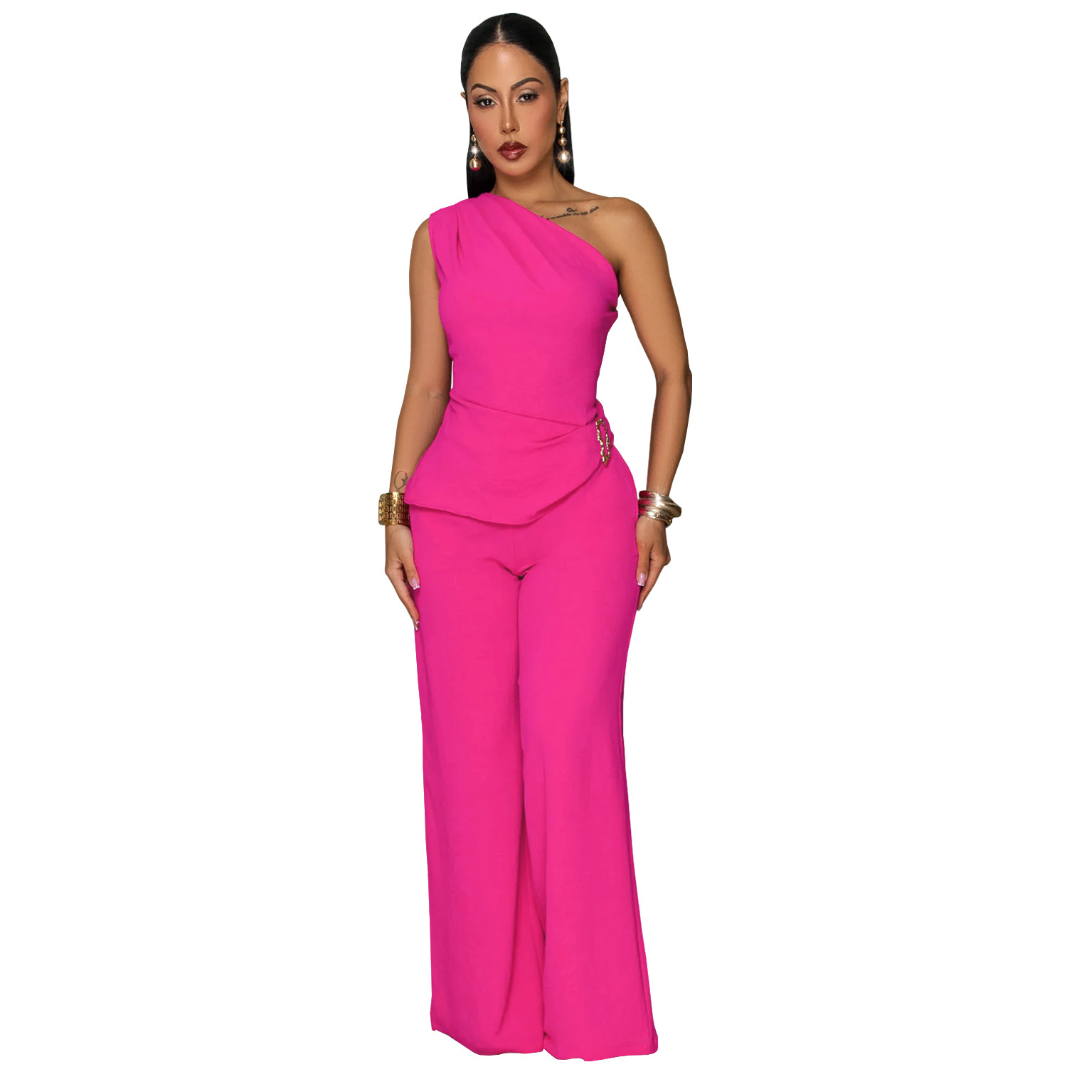 C7736 Aliexpress transfronterizo Amazon 2026 nueva ropa de mujer casuales de color sólido blusa de hombro inclinada pantalones largos dos piezas