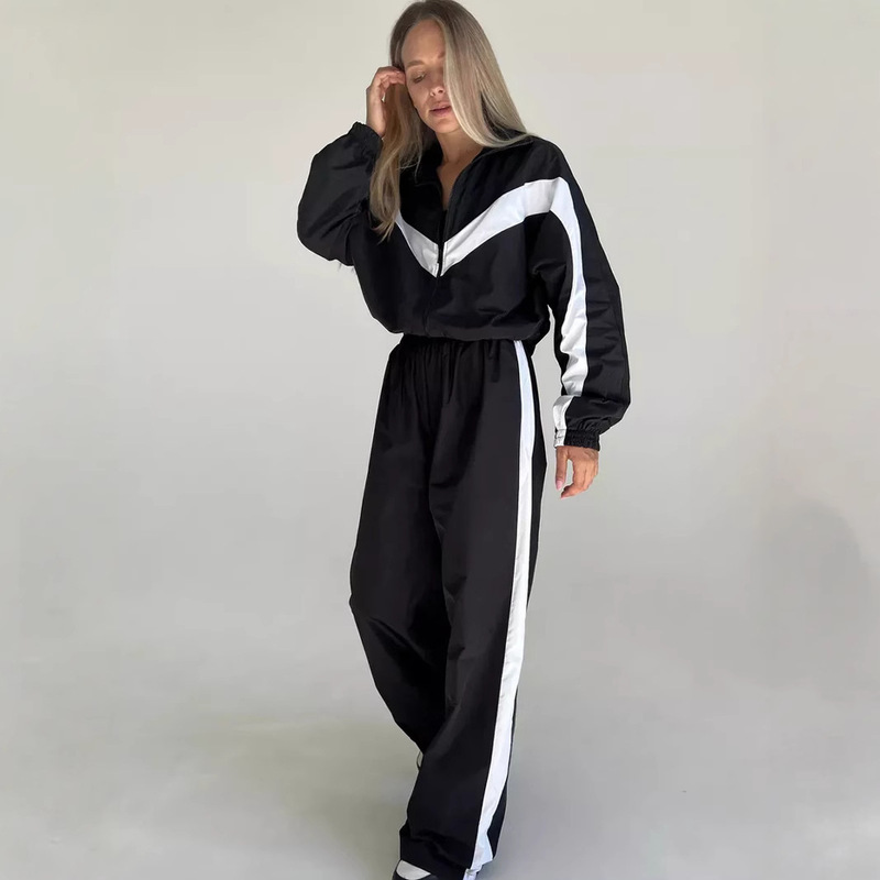Fashionable Casual Amazon Women's Clothing Cross-Border European and American Long-Sleeve Color-Block Sports Cardigan and Pants Set Street Style Outfit Fashionable Casual Amazon Women's Clothing Cross-Border European and American Long-Sleeve Color-Block Sports Cardigan and Pants Set Street Style Outfit