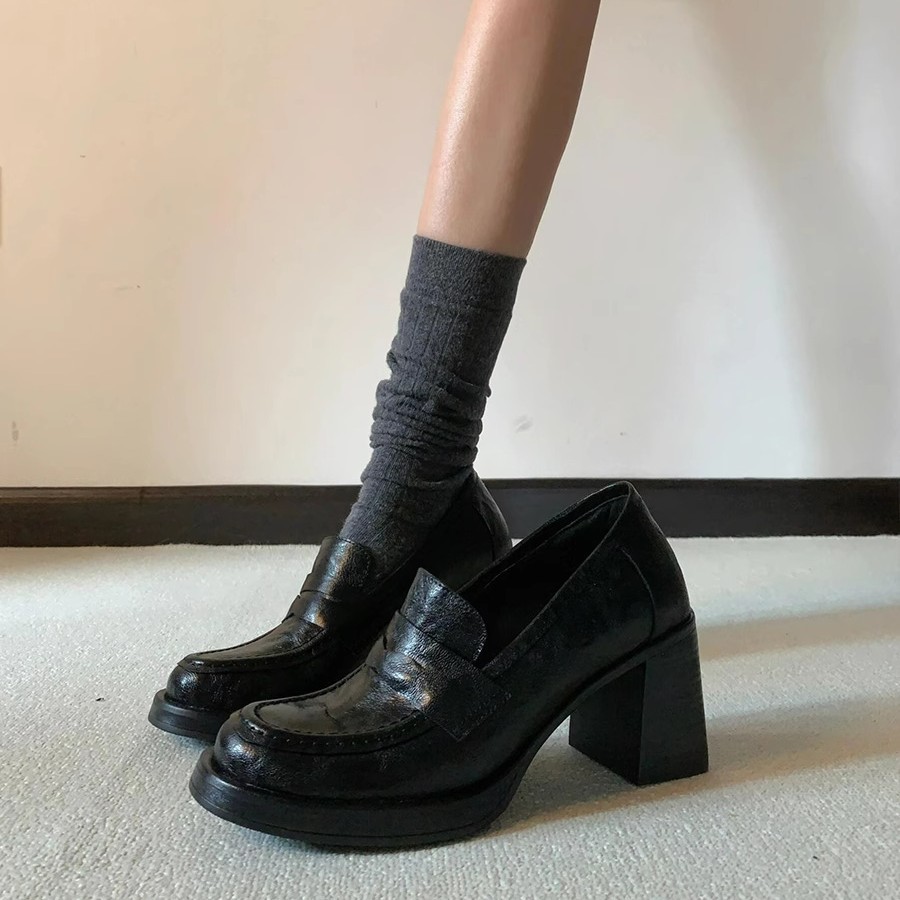 英伦风复古羊皮乐福鞋女粗中跟一脚蹬黑色百搭小皮鞋圆头软底单鞋