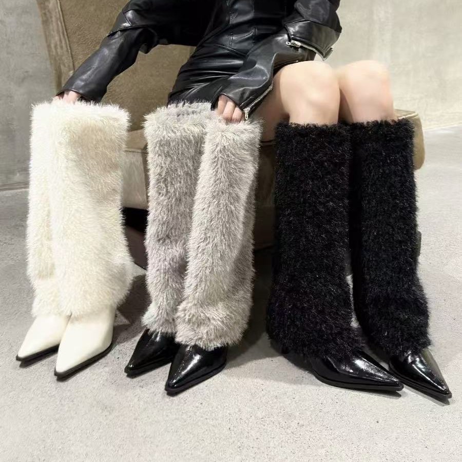 白色毛毛靴雪地靴女2025秋冬新款保暖棉靴细跟高跟裤管靴高筒皮靴