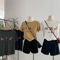 Omalai 三匹の子猫刺繍ラウンドネック右肩半袖 Tシャツ夏カジュアル万能ファッショントップ 3507
