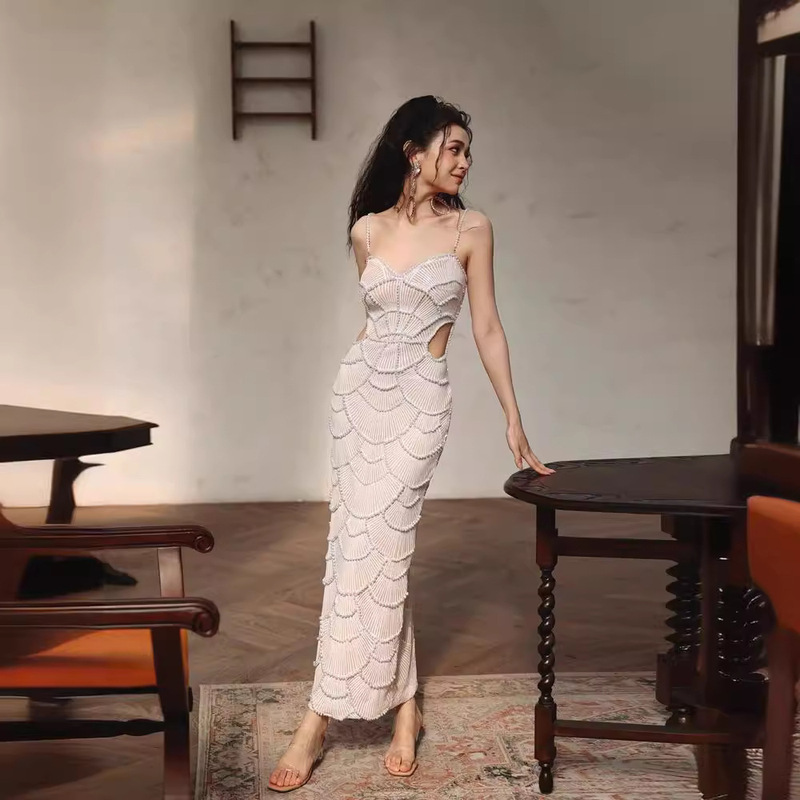 Foreign Trade Independent Station Exquisite Sequined Beaded Waist Suspender Long Dinner Dress Socialite Birthday Party Dress