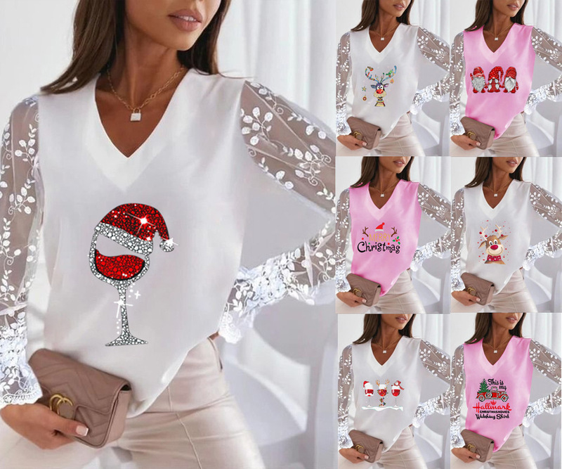 New in stock 2022 Amazon AliExpress WISH Christmas Print V-Neck Lace Sleeves All-Match Women's T-Shirt Top