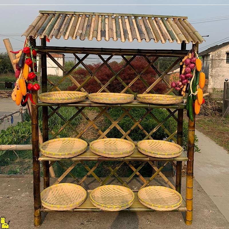 竹货架竹制品农家乐土特产货架竹架饰品展示架带屋顶复古架子饭店