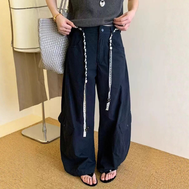 抽绳系带工装阔腿裤女欧货秋季新款时尚宽松高腰大口袋直筒休闲裤|undefined