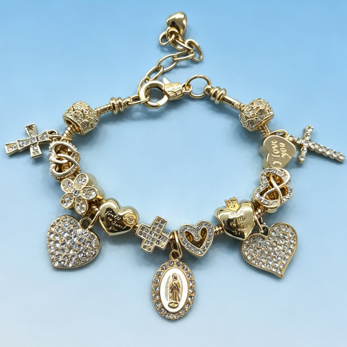 Panjia brazalete DIY explosión transfronteriza ajustable pulsera de lujo diamante cruz amor joyas colgante flor